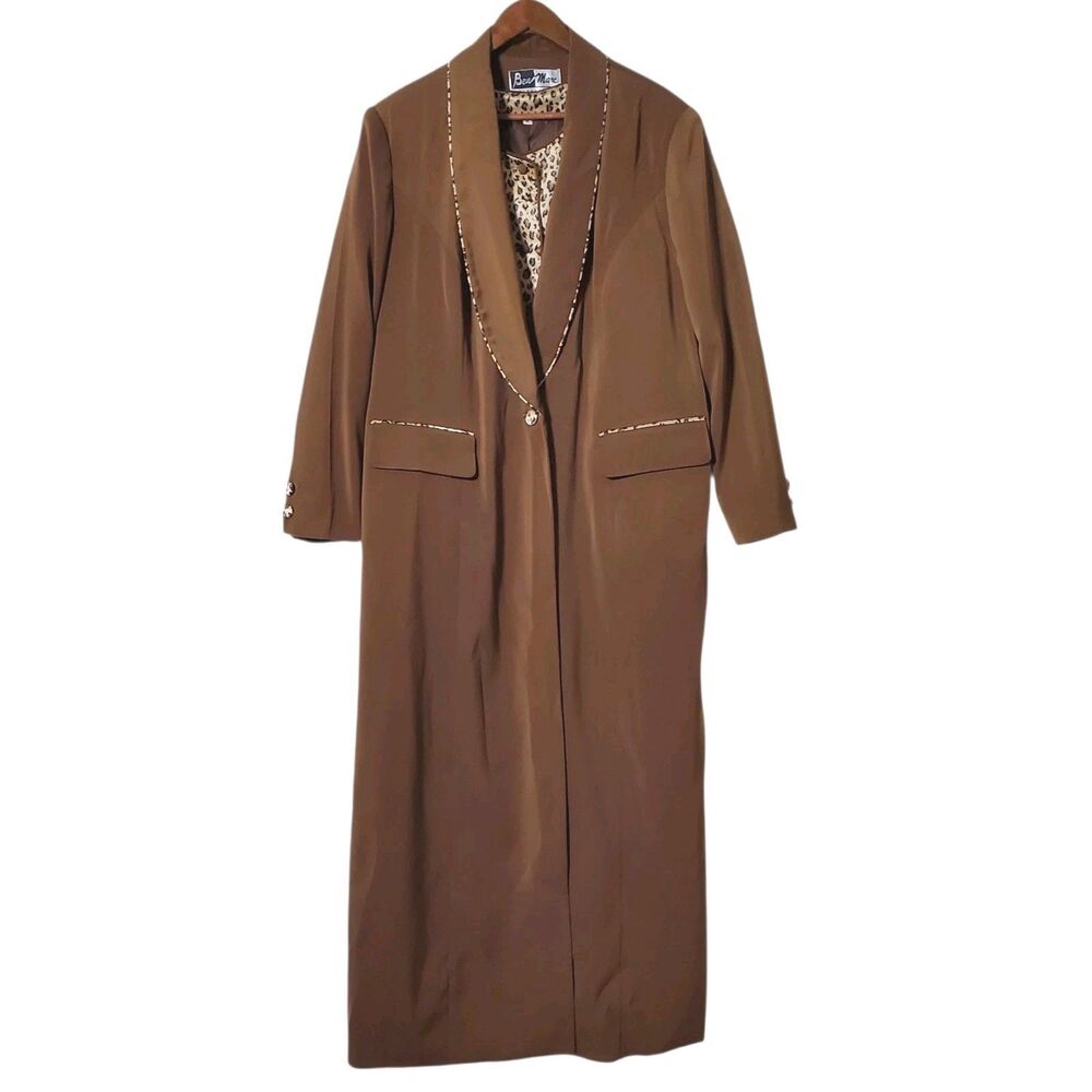 Ben Marc Brown Long Duster Jacket 16 Brown Lined Leopard Print Trim Womens